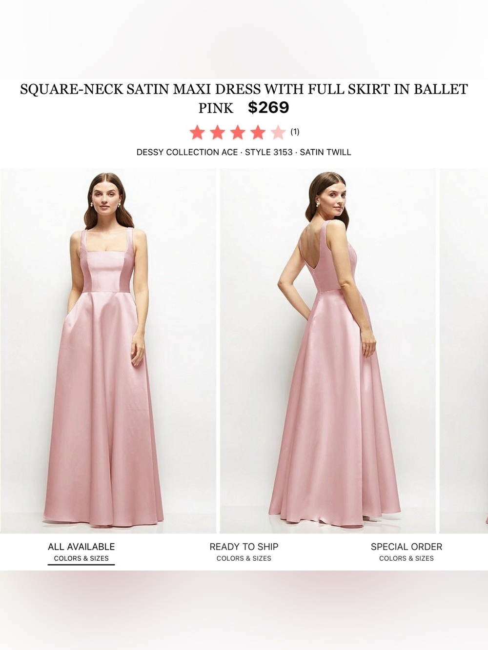 Dessy Collection Ballet Pink Square-Neck Satin Maxi Gown